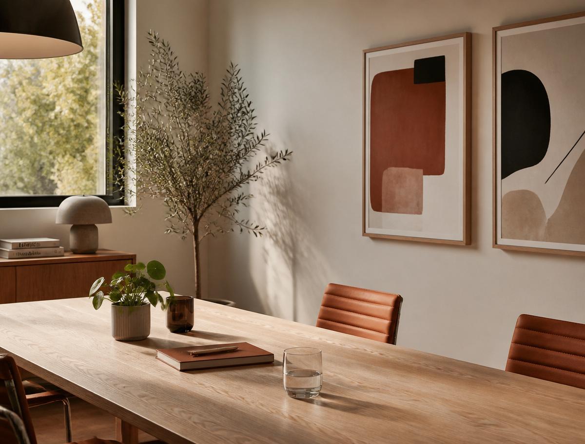A warm meeting room with wooden table, chairs, plants, and abstract wall art